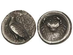 Tetradracma. 472-420 a.C. AKRAGAS. Anv.: Águila a izquierda, alrededor leyenda. Rev.: Cangrejo. 16,70 grs. AR. (Oxidaciones en anverso). Se-741 var. MBC/MBC+.