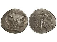 Tetradracma. Siglos II-I a.C. SIDE. PAMPHYLIA. Anv.: Cabeza de Atenea con casco corintio a derecha. Rev.: Nike avanzando con guirnalda a izquierda. 16 grs. AR. Se-5436. MBC+.