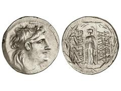 Tetradracma. 138-129 a.C. ANTÍOCO VII. REINO SELÉUCIDA. Anv.: Cabeza diademada a derecha. Rev.: Atenea en pie a izquierda sosteniendo a Nike, delante y detrás leyenda. 16,60 grs. AR. Se-7092. MBC/MBC+