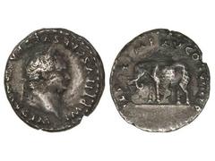 Denario. Acuñada el 80 d.C. TITO. Anv.: IMP. TITVS CAES. VESPASIAN AVG. P. M. Cabeza laureada a derecha. Rev.: TR. P. IX IMP. XV COS. VIII P. P. Elefante marchando a izquierda. Pátina oscura. (Rayitas
