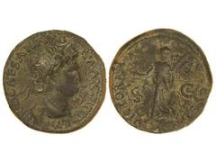 Dupondio. Acuñada el 54-55 d.C. NERÓN. Anv.: IMP. NERO CAESAR AVG. P. MAX. TR. P. P. P. Cabeza laureada a derecha. Rev.: VICTORIA AVGVSTI S. C. Victoria en marcha a izquierda. 13,20 grs. Pátina oscura