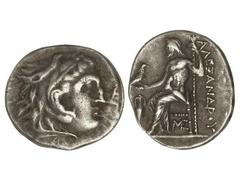 Dracma. 336-323 a.C. ALEJANDRO MAGNO. URBES INCIERTA DE MACEDONIA, TRACIA y TESALIA. Anv.: Cabeza de Hércules con piel de león a derecha. Rev.: Zeus entronizado a izquierda, detrás leyenda, delante sí