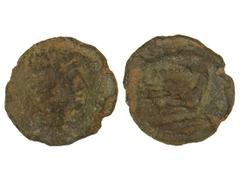 Semis. CELSE. Anv.: Busto semis de CELSE. Rev.: Proa de nave, encima ROMA. 5,72 grs. Pátina verde. Moneda híbrida. RARA. MBC-.