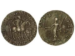 Tetradracma. 57-35 a.C. AZALISES. INDO-ESCITAS DEL PAQUISTÁN. Anv.: Guerrero a caballo a derecha. Rev.: Figura femenina en pie a izquierda. 9,40 grs. Br. EBC.