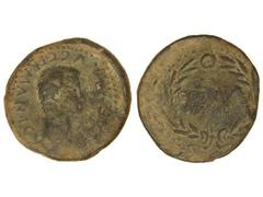 Dupondio. ÉPOCA DE CALÍGULA. ACCI. Anv.: C. CAESAR AVG. GERMANICVS. Cabeza descubierta de Calígula a derecha. Rev.: COL. IVI. GEM. ACCI, dentro de láurea. 24,27 grs. Pátina verde. MUY ESCASA. AB-41. M