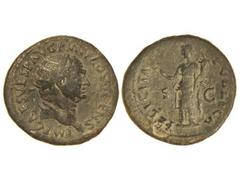 Dupondio. Acuñada el 75 d.C. VESPASIANO. Anv.: IMP. CAES. VESP. AVG. P. M. T. P. COS. V CENS. Cabeza radiada a derecha. Rev.: FELICITAS PVBLICA S. C. Felicidad estante a izquierda portando caduceo y c