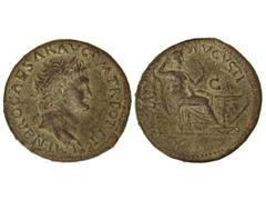 Dupondio. Acuñada el 54-55 d.C. NERÓN. Anv.: IMP. NERO CAESAR AVG. P. M. TR. POT. P. P. Cabeza laureada a derecha. Rev.: SECVRITAS AVGSVTI S. C. Seguridad sentada a derecha. 12,20 grs. AE. Pátina oscu