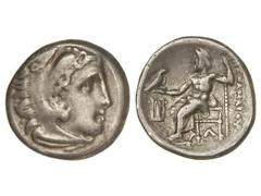 Dracma. 336-323 a.C. ALEJANDRO MAGNO. MACEDONIA. Anv.: Cabeza de Hércules con piel de león a derecha. Rev.: Zeus entronizado con águila, alrededor leyenda, delante lira, debajo A. AR. Pátina. Se-6730 