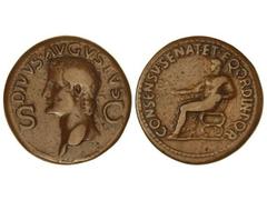 Dupondio. Acuñada el 37-41 d.C. AUGUSTO. Restitución de Calígula. Anv.: DIVVS AVGVSTVS S. C. Cabeza radiada a izquierda. Rev.: CONSENSV SENAT. ET EQ. ORDIN. P. Q. R. Augusto sentado a izquierda. 14,33