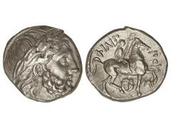 Tetradracma. 359-336 a.C. FILIPO II. MACEDONIA. Anv.: Cabeza laureada de Zeus a derecha. Rev.: Jinete desnudo a derecha, alrededor leyenda y símbolos. 14,24 grs. AR. Se-6683 var. EBC.
