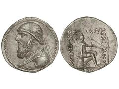 Tetradracma. 123-88 a.C. PARTIA. Anv.: Busto barbado, diademado y acorazado a izquierda. Rev.: Arquero sentado sobre ómfalos a derecha, alrededor leyenda. 15,76 grs. Se-7365. EBC-.