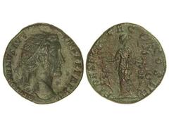 Dupondio. 138-161 d.C. ANTONINO PÍO. Anv.: ANTONINVS AVG. PIVS P. P. TR. P. XIX. Cabeza radiada a derecha. Rev.: FIDES EXERC. COS. III S. C. Fides en pie a izquierda con dos estandartes. 10,33 grs. AE