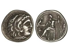 Dracma. 336-323 a.C. ALEJANDRO MAGNO. TESALIA. Anv.: Cabeza de Hércules con piel de león a derecha. Rev.: Zeus entronizado a izquierda, detrás leyenda, delante símbolo. 4,15 grs. AR. Müller-508 var. M