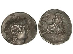 Tetradracma. 323-281 d.C. LISIMACO. TRACIA. Anv.: Cabeza diademada de Alejandro Magno, con cuerno de Amón a derecha. Rev.: Atenea sentada a izquierda sosteniendo a Nike, delante y detrás leyenda. 15,8