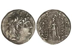 Tetradracma. 138-129 a.C. ANTÍOCO VII. REINO SELÉUCIDA. Anv.: Cabeza diademada a derecha. Rev.: Atenea en pie a izquierda sosteniendo a Nike, delante y detrás leyenda. 15,56 grs. AR. Se-7092. MBC/MBC+