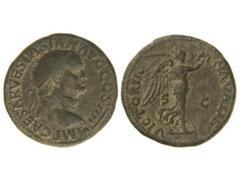 Dupondio. Acuñada el 71-72 d.C. VESPASIANO. Anv.: IMP. CAESAR VESPASIAN. AVG. COS. IIII. Cabeza radiada a derecha. Rev.: VICTORIA NAVALIS S. C. Victoria en pie a derecha sobre proa de nave. 12,90 grs.