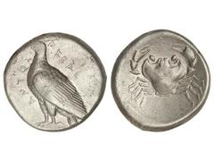 Tetradracma. 460-450 a.C. AKRAGAS. SICILIA. Anv.: Águila en pie a izquierda, delante y detrás leyenda. Rev.: Cangrejo. 17,19 grs. MUY ESCASA. SNG.ANS-964 var. MBC+/EBC-.