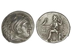 Dracma. 336-323 a.C. ALEJANDRO MAGNO. ABDERA. TRACIA. Anv.: Cabeza de Hércules con piel de león a derecha. Rev.: Zeus entronizado a izquierda, detrás leyenda, delante símbolos. 4,12 grs. AR. Muller-29