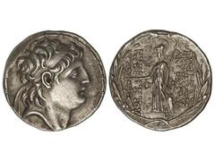 Tetradracma. 138-129 a.C. ANTIOCO VII. REINO SELEUCIDA. Anv.: Cabeza diademada a derecha. Rev.: Atenea en pie a izquierda, sosteniendo a Nike, delante y detrás leyenda. 16,54 grs. AR. SE-7092. EBC-.
