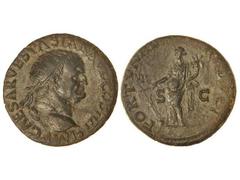 Dupondio. Acuñada el 73 d.C. VESPASIANO. Anv.: IMP. CAESAR VESPASIAN. AVG. COS. IIII. Busto radiado a derecha. Rev.: FORTVNAE REDVCI S. C. Fortuna en pie a izquierda. 9,85 grs. Pátina oscura. MBC+.