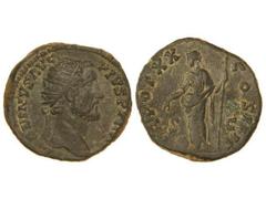 Dupondio. Acuñada el 145-161 d.C. ANTONINO PÍO. Anv.: ANTONINVS AVG. PIVS. P. P. (IMP. II). Cabeza radiada a derecha. Rev.: TR. POT. XX COS. IIII S. C. Providencia en pie a izquierda, globo a sus pies