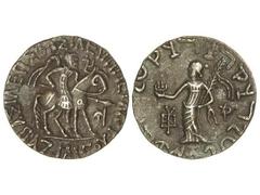 Tetradracma. 57-35 a.C. AZALISES. INDO-ESCITAS DEL PAKISTÁN. Anv.: Guerrero a caballo a derecha, alrededor leyenda. Rev.: Figura femenina a izquierda, alrededor leyenda. 9,32 grs. AR. EBC-.