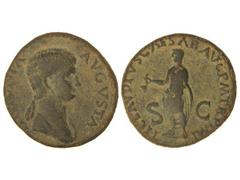 Dupondio. Acuñada el 41-42 d.C. ANTONIA. Anv.: ANTONIA AVGVSTA. Busto a derecha. Rev.: TI. CLAVDIVS CAESAR AVG. P. M. TR. P. IMP. S. C. Claudio en pie a izquierda. 11,62 grs. Pátina verde. C-6. MBC.