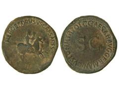 Dupondio. Acuñada el 37-38 d.C. NERÓN Y DRUSO CÉSARES. Acuñación de CALÍGULA. Anv.: NERO ET DRVSVS CAESARES. Nerón y Druso a caballo a derecha. Rev.: C. CAESAR AVG. GERMANICVS PON. M. TR. POT. alreded