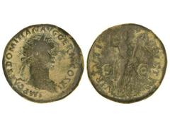 Dupondio. Acuñada el 85 d.C. DOMICIANO. Anv.: IMP. CAES. DOMITIAN. AVG. GERM. COS. XI. Busto radiado a derecha. Rev.: VIRTVTI AVGVSTI. Virtud en pie a derecha con lanza y parazonio. 13,51 grs. Pátina 