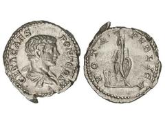 Denario. Acuñada el 198-209 d.C. GETA. Anv.: GETA CAES PONT COS. Busto de Geta a derecha. Rev.: VOTA PVBLICA.Geta velado y togado de pie a izquierda, sacrificando sobre un altar. 3,73 grs. C-230; Ric-