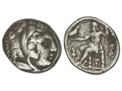 Tetradracma. 336-323 a.C. ALEJANDRO MAGNO. MACEDONIA. ANFÍPOLIS. Anv.: Cabeza de Hércules con piel de león a derecha. Rev.: Zeus entronizado a izquierda, debajo símbolo, alrededor leyenda, símbolo y l