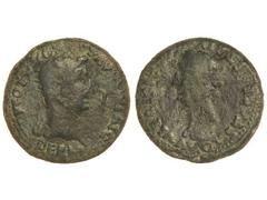 Dupondio. ÉPOCA DE TIBERIO. COLONIA RÓMULA. Anv.: PERM. DIVI. AVG. COL. ROM. Cabeza radiada de Augusto a derecha, delante fulmen. Rev.: IVLIA AVGVSTA GENETRIX ORBIS. Cabeza de Livia a izquierda, encim