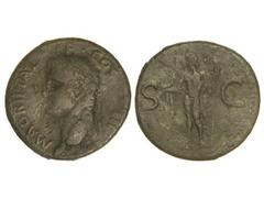 Dupondio. Acuñada el 27-12 a.C. AGRIPPA. Anv.: M. AGRIPPA L. F. COS. III. Cabeza a izquierda con corona rostral. Rev.: S. C. Neptuno a izquierda con tridente y delfín. 10,66 grs. Pátina verde. (Pequeñ