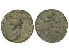 Dupondio. Acuñada el 41 d.C. CLAUDIO. Anv.: TI. CLAVDIVS CAESAR AVG. P. M. TR. P. IMP. Cabeza descubierta a izquierda. Rev.: CERES AVGVSTA S. C. Ceres sentada a izquierda. 10,85 grs. Pátina verde. C-1