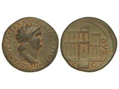 Dupondio. Acuñada el 54 a 68 d.C. NERÓN. Anv.: NERO CLAVD. CAESAR AVG. GER. P. M. TR. P. IMP. P. P. Cabeza laureada a derecha. Rev.: (MAC.) AVG. S. C. Edificio de dos pisos de columnas, escalinata y e