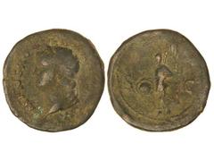 Dupondio. Acuñada el 54-68 d.C. NERÓN. Anv.: IMP. NERO (CAE)SAR AVG. (P. MAX. TR. P. P. P.). Cabeza laureada a izquierda. Rev.: S. C. Victoria en vuelo a izquierda con un escudo. 13,30 grs. AE. Pátina