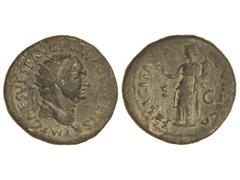 Dupondio. Acuñada el 74 d.C. VESPASIANO. Anv.: IMP. CAES. VESP. AVG. P. M. TR. P. COS. V CENS. Cabeza radiada a derecha. Rev.: FELICITAS PVBLICA S. C. Felicidad en pie a izquierda con caduceo y cornuc