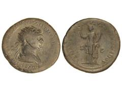 Dupondio. Acuñada el 115 d.C. TRAJANO. Anv.: IMP. CAES. NER. TRAIANO OPTIMO AVG. GER. DAC. P. M. TR. P. COS. VI P. P. Busto radiado a derecha. Rev.: SENATVS POPVLVSQVE ROMANVS S. C. Felicidad en pie a