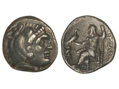 Dracma. 336-323 a.C. ALEJANDRO MAGNO. ABDERA. TRACIA. Anv.: Cabeza de Hércules con piel de león a derecha. Rev.: Zeus entronizado a izquierda, delante grifo y símbolo. 4 grs. AR. Müller-290. MBC+/MBC.