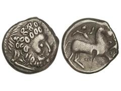 Tetradracma. Siglos III-II a.C. FILIPO II. IMITACIONES DE EUROPA CENTRAL y ASIA MENOR. Anv.: Cabeza diademada de Zeus a derecha. Rev.: Jinete a derecha. 7,72 grs. AR. (Pequeño golpe de cizalla en reve