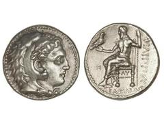 Tetradracma. 323-316 a.C. FILIPO II. LICIA. Anv.: Cabeza de Hércules con la piel de león a derecha. Rev.: Zeus entronizado a izquierda, delante letra M y debajo la silla AY. 17,16 grs. AR. CY-1369. EB