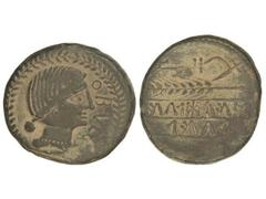 Dupondio. OBULCO. Anv.: Cabeza femenina a derecha, dentro de corona, delante OBVLCO. Rev.: Arado a derecha, debajo espiga y leyenda ibérica en dos líneas SIVBOLAI y ORCAIL. 20,88 grs. Pátina verde. AB