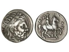 Tetradracma. 356-336 a.C. FILIPO II. ANFÍPOLIS-MACEDONIA. Anv.: Cabeza de Zeus laureado a derecha. Rev.: Jinete a derecha, encima ritón, ¶y ¶en monograma, alrededor ¶-¶. 14,14 grs. CY-1213. MBC+/MBC.