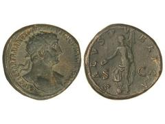 Dupondio. Acuñada el 119-121 d.C. ADRIANO. Anv.: IMP. CAESAR TRAIANVS HADRIANVS AVG. P. M. TR. P. COS. III. Busto radiado a derecha. Rev.: SALVS PVBLICA S.C. Salud a izquierda con pátera y timón. 15,8