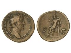 Dupondio. Acuñada el 145-161 d.C. ANTONINO PÍO. Anv.: ANTONINVS AVG. PIVS P. P. COS. IIII. Cabeza radiada a derecha. Rev.: S. C. Seguridad sentada a izquierda con cetro. 10,58 grs. (Ligera grieta). C-