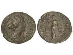As. Acuñada el 175 d.C. FAUSTINA HIJA. Anv.: FAVUSTINA AVGVSTA. Busto a derecha. Rev.: DIANA LVCIF. S. C. Diana en pie a izquierda con antorcha. 8,72 grs. Pátina oscura. (Pequeñas oxidaciones). C-86. 