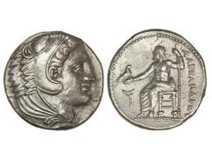 Tetradracma. 336-323 a.C. ALEJANDRO MAGNO. PELAGONIA. Anv.: Cabeza de Hércules con piel de león a derecha. Rev.: Zeus entronizado a izquierda, detrás leyenda, delante símbolo. 17,14 grs. Müller-207. E