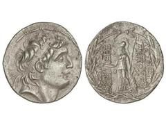 Tetradracma. 138-129 a.C. ANTIOCO VII. REINO SELÉUCIDA. Anv.: Cabeza diademada a derecha. Rev.: Atenea en pie a izquierda, sosteniendo a Nike, delante y detrás leyenda. AR. 16,51 grs. Se-7092. EBC/EBC