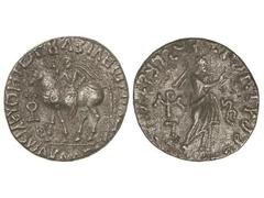 Tetradracma. 55-65 d.C. ABDAGASES. GANDHARA. REINO INDO-PARTO. Anv.: El rey a caballo a izquierda, alrededor leyenda. Rev.: Zeus a derecha con cetro, monogramas en el campo y alrededor leyenda. 9,83 g