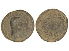 Dupondio. ÉPOCA DE CALÍGULA. ACCI. Anv.: C. CAESR AVG. GRMANICVS. Cabeza desnuda de Calígula a derecha. Rev.: COL. IVL. GEM. ACCI. Láurea. 24,25 grs. Pátina oscura. AB-41. MBC-.